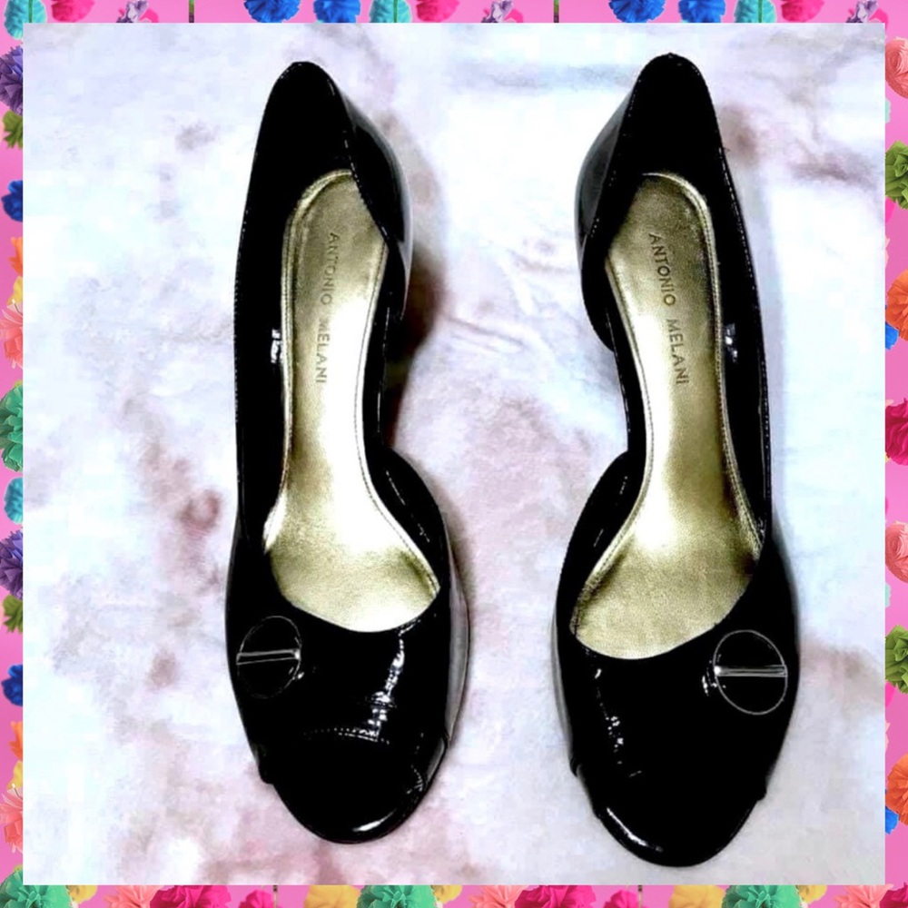 Antonio Melani Black Patent Leather Open Toe Heels Womens 9.5 Y2K Pumps
